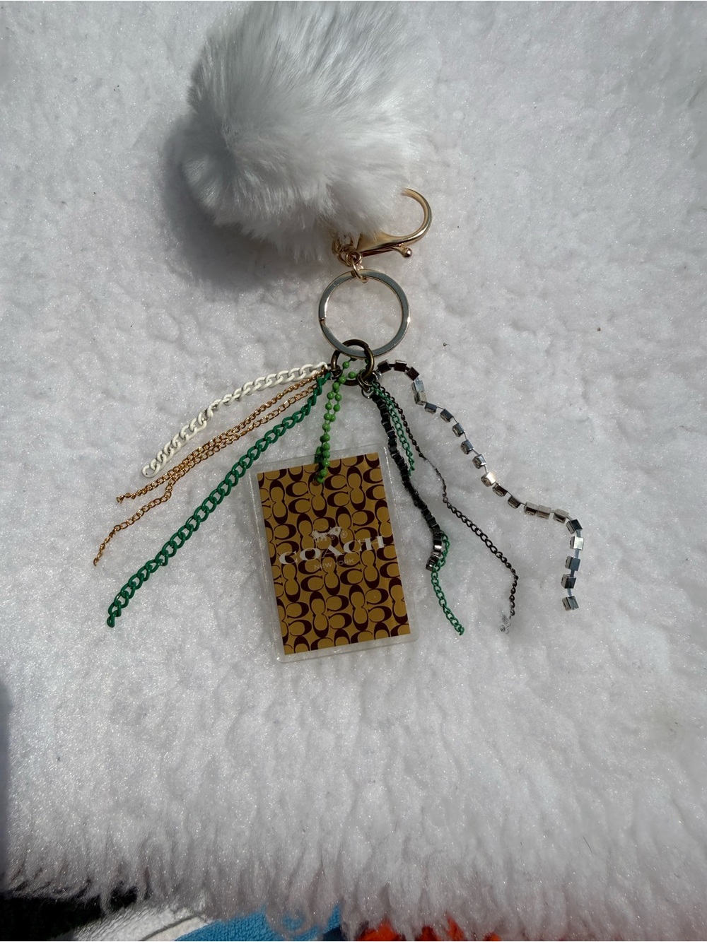 Coach White Pom-Pom Key & Card Holder with Gold and Green Accents
